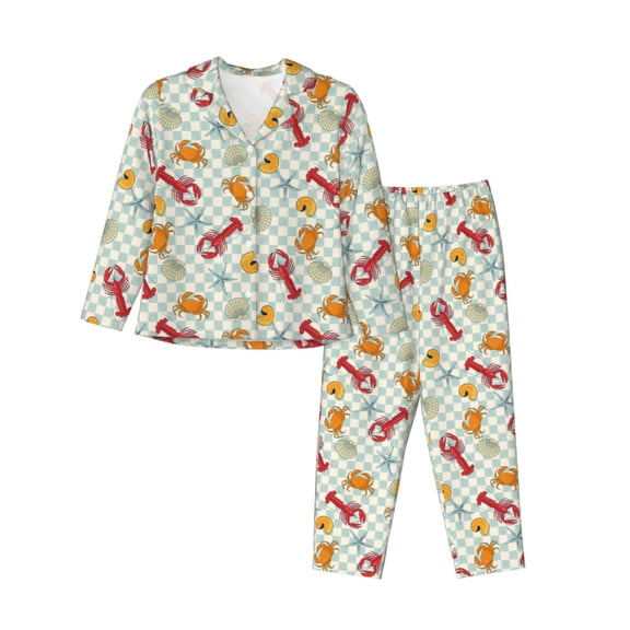 Logiee Lobster Sea Shell Print Womens Pajamas Set,Long Sleeve Sleepwear,Button Down Lounge Set 2 Pieces,Soft Nightwear Pjs Set-Medium
