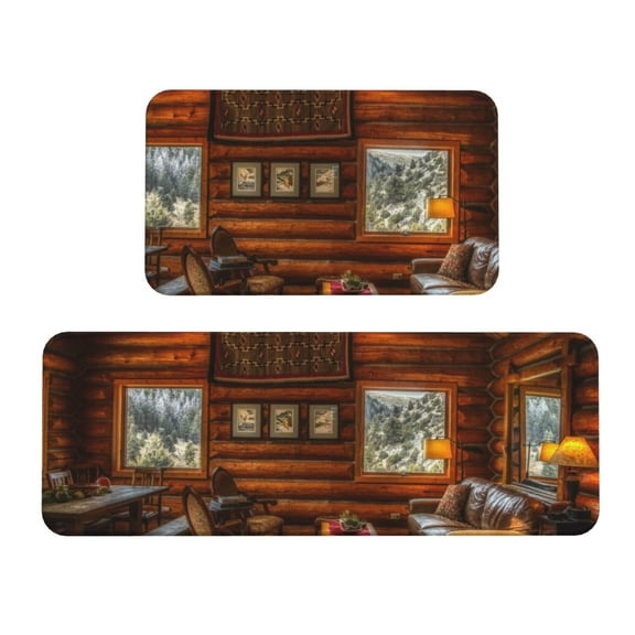 Logiee Log Cabin Inside Print Kitchen Mats for Floor Sets of 2,Waterproof Kitchen Rugs,Non Slip Comfort Standing Mat Rug for Home,Runner,Sink,Office,Laundry