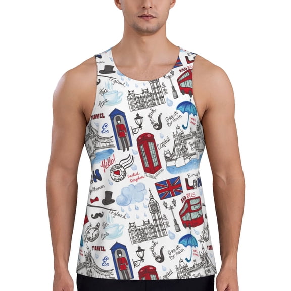 Logiee London Landmark2 Print Men's Workout Tank Top,Quick Dry Workout Tank Top,Gym Muscle Tee,Fitness Bodybuilding Sleeveless T Shirt-Small