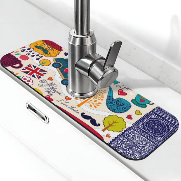 Logiee London Symbols Print Kitchen Sink Splash Guard Faucet Mat for Splash Guard Behind Faucet Drip Catcher for Kitchen,Bathroom,Sink Mat,Dish Drying Mat,Bathroom-15" X 5.5"