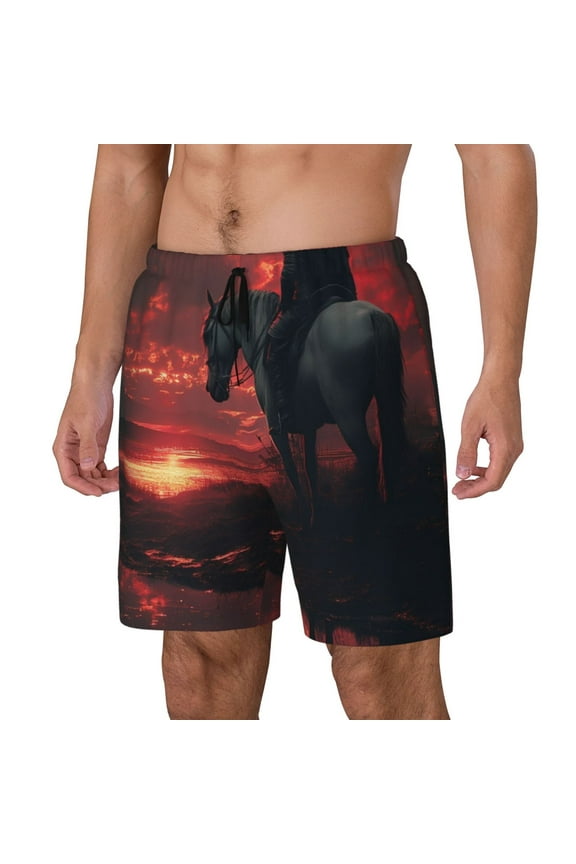 Lone Rider Under Red Sky Print Men's Swim Trunk,Quick Dry Board Shorts ,Men's Swim Trunks with Compression Liner, Bathing Suits with Pockets-3X-Large