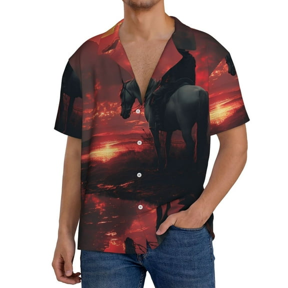 Logiee Lone Rider Under Red Sky Print Men's Button Down Shirts Short Sleeve, Summer Beach Shirts,Vacation Wedding Shirts,Men's Casual Button-Down Shirts with Pocket-Large