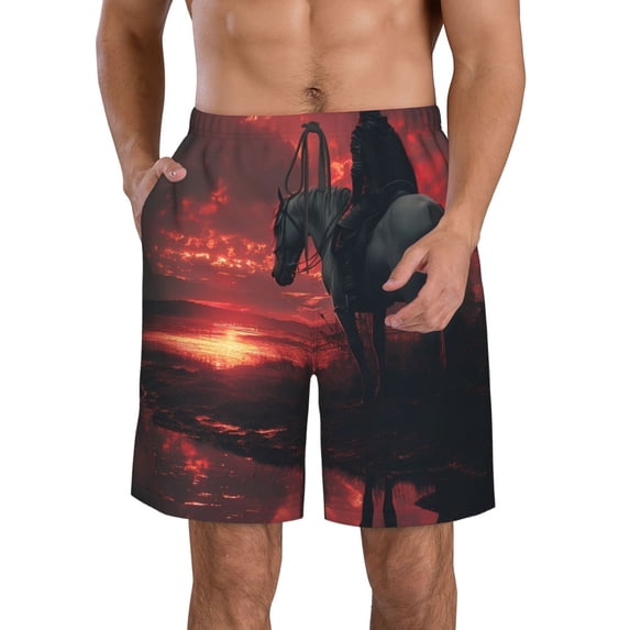 Logiee Lone Rider Under Red Sky Print Mens Swim Trunks Quick Dry Board Shorts,Breathable Hawaii Beach Shorts Swimwear Bathing Suits-Small