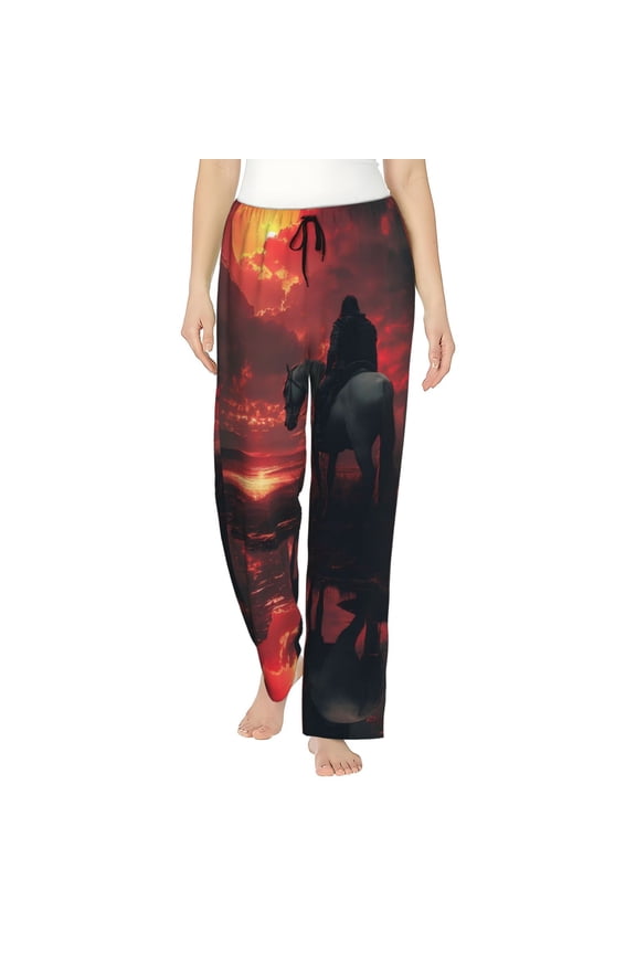 Lone Rider Under Red Sky Print Women Pajama Pants,Comfy Pj Bottom with Pockets & Drawstring,Stretch Casual Sleepwear-Medium