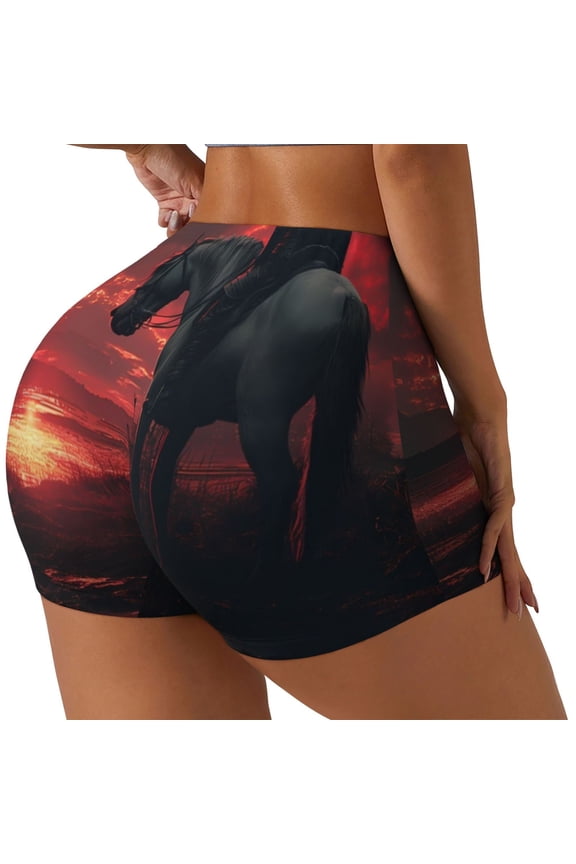 Lone Rider Under Red Sky Print Women's Biker Shorts,Workout Gym Shorts,Scrunch Shorts,Tummy Control Hidden Scrunch Running Yoga Shorts-Large