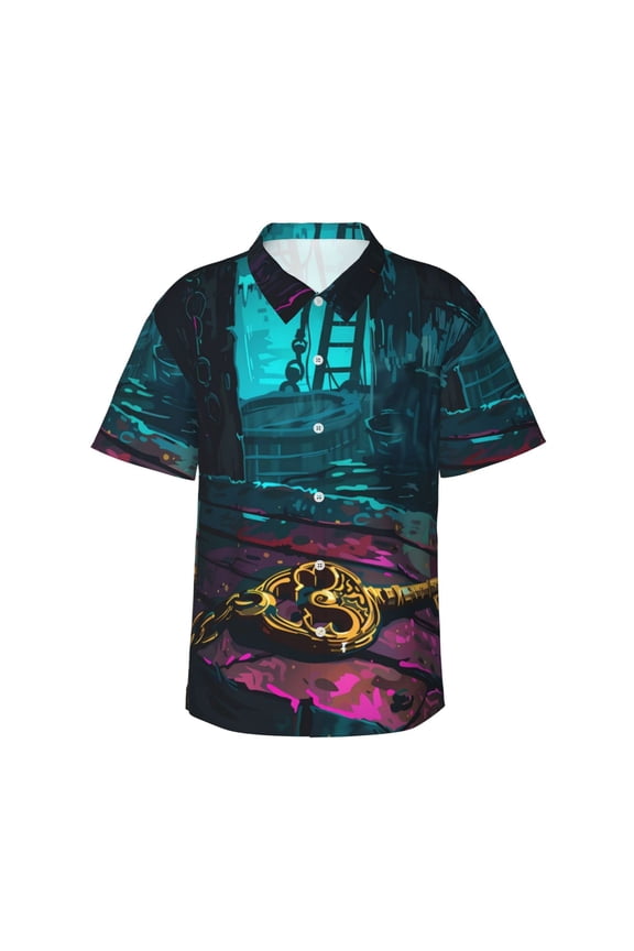 Lost Golden Key Print Mens Hawaiian Shirts,Loose-Fit Short Sleeve Button Down Tropical Aloha Beach Shirt,Summer Vacation Wedding Tops,Large