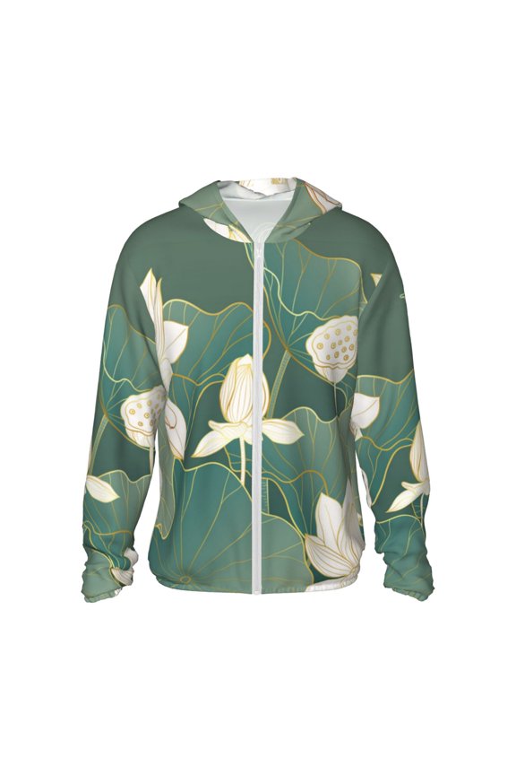 Lotus Golden Line Print Men's Women Light Jacket Full Zip Sun Protection Hoodie Long Sleeve Sun Shirts for Men Hiking Fishing Zip Pockets-Small