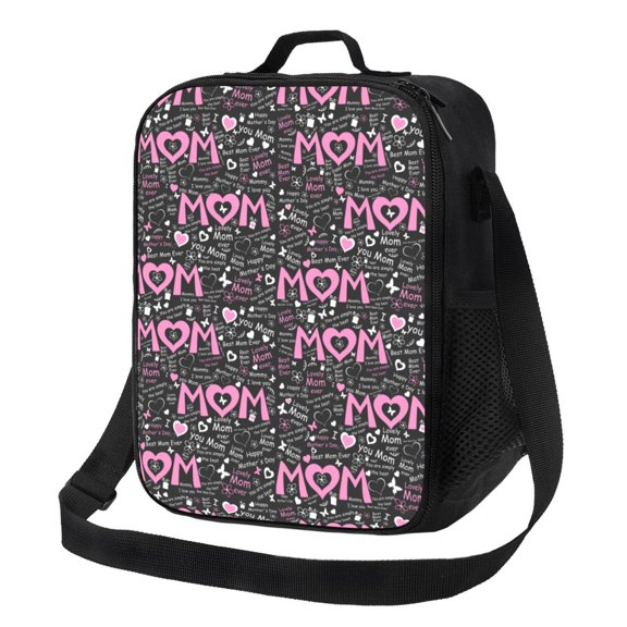 Logiee Lovely Mom Ever Print Insulated Lunch Bag for Women/Men, Reusable Lunch Box for Office Work School Picnic Beach,Leakproof Freezable Cooler Bag with Shoulder Strap