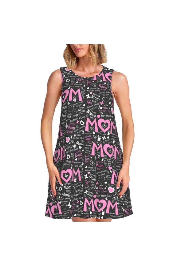 Lovely Mom Ever Print Summer Dresses for Women,Beach Sleeveless Flowy Pocket Tshirt Tank Sundresses,Women's Sleeveless Dress