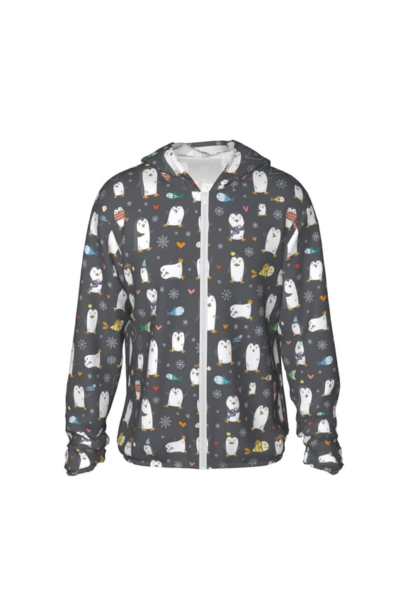 Lovely Penguin Print Men's Women Light Jacket Full Zip Sun Protection Hoodie Long Sleeve Sun Shirts for Men Hiking Fishing Zip Pockets-X-Large