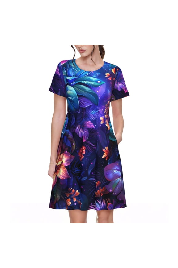 Magic Colorful Forest Leaves Print Womens Summer Dress,Casual Short Sleeve Sundresses,Beach A-line Shift Dress with Pockets