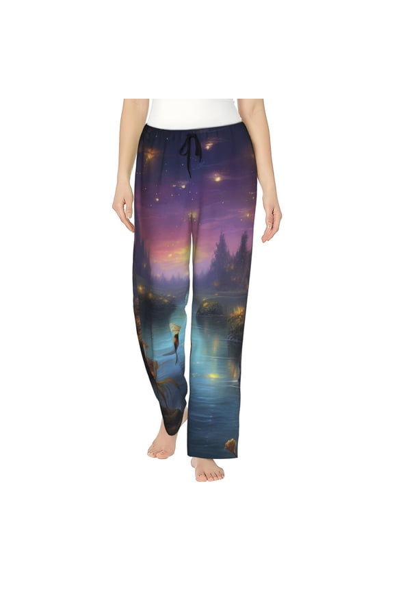 Magical Bees Twilight River Print Women Pajama Pants,Comfy Pj Bottom with Pockets & Drawstring,Stretch Casual Sleepwear-Medium