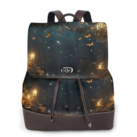 Logiee Magical Library Butterfly Night Print Backpack Purse for Women,Fashion Leather Backpack Purse,Women's Leather Backpack for Work College Travel