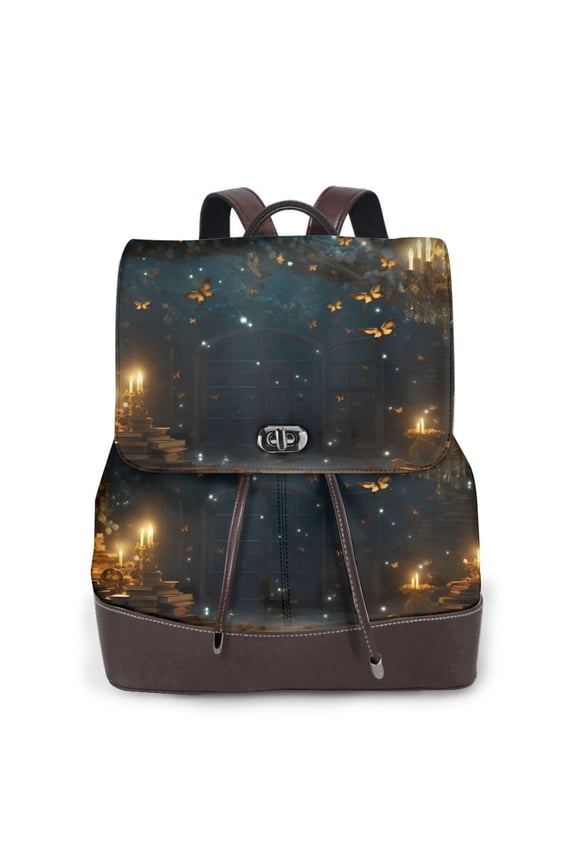 Logiee Magical Library Butterfly Night Print Backpack Purse for Women,Fashion Leather Backpack Purse,Women's Leather Backpack for Work College Travel