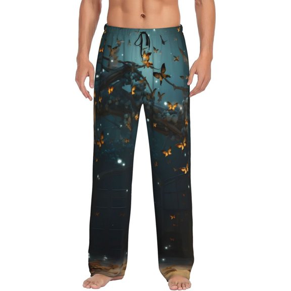 Logiee Magical Library Butterfly Night Print Pajama Pants for Men,Men’s Pajama Bottoms,Mens PJ Pants with Pockets & Button Fly-3X-Large