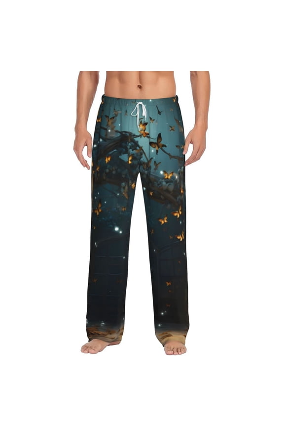 Magical Library Butterfly Night Print Pajama Pants for Men,Men’s Pajama Bottoms,Mens PJ Pants with Pockets & Button Fly-3X-Large