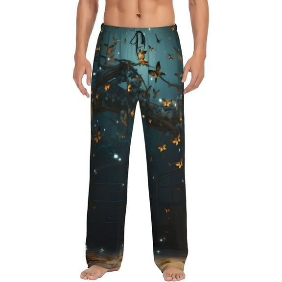 Logiee Magical Library Butterfly Night Print Pajama Pants for Men,Men’s Pajama Bottoms,Mens PJ Pants with Pockets & Button Fly-