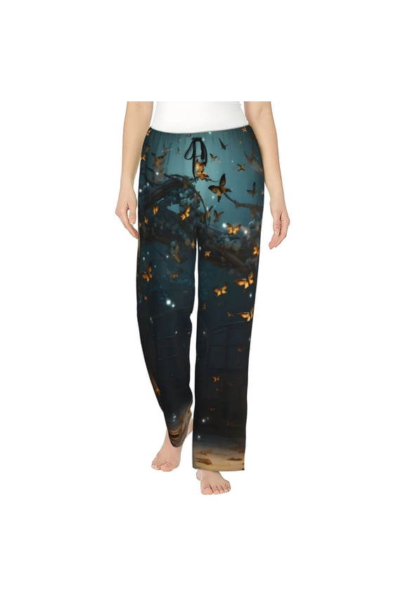 Magical Library Butterfly Night Print Women Pajama Pants,Comfy Pj Bottom with Pockets & Drawstring,Stretch Casual Sleepwear-Medium