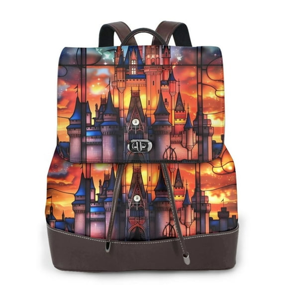 Gaeub Magical Stained Glass Castle Print Women's Leather Backpack,Travel Laptop Backpack,Fashion Ladies Leather Backpack Bag for Travel,Leather Drawstring Daypack for Me