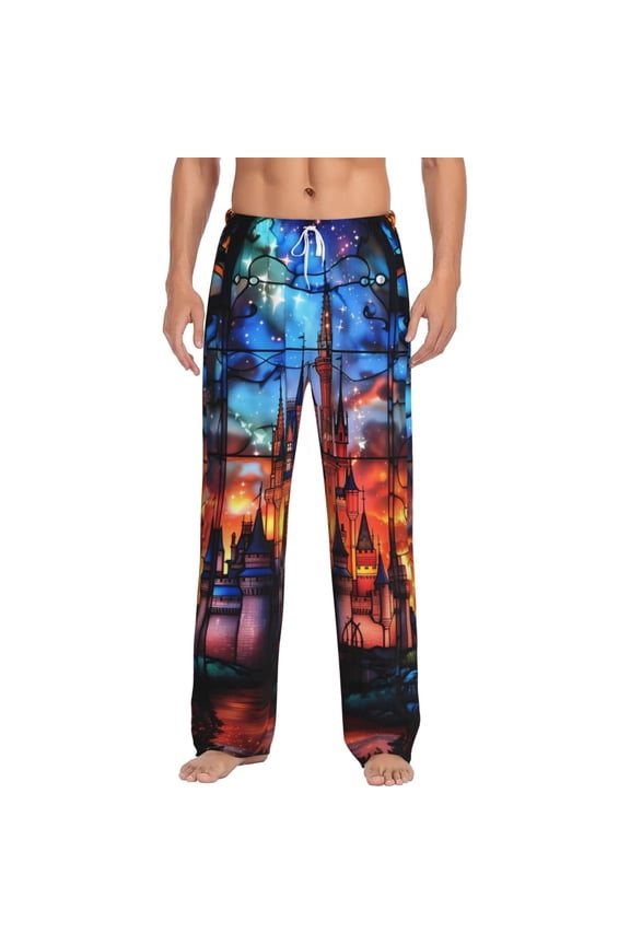 Magical Stained Glass Castle Print Pajama Pants for Men,Men’s Pajama Bottoms,Mens PJ Pants with Pockets & Button Fly-Small