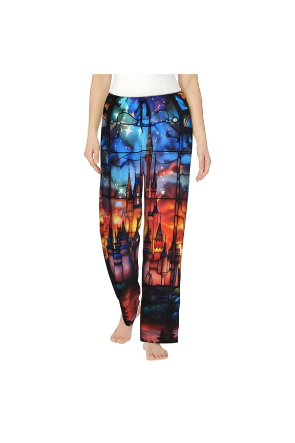 Magical Stained Glass Castle Print Women Pajama Pants,Comfy Pj Bottom with Pockets & Drawstring,Stretch Casual Sleepwear-XX-Large