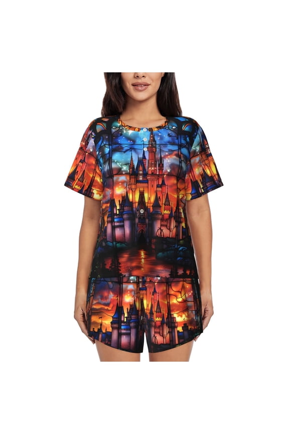 Magical Stained Glass Castle Print Womens Pajamas Set,Short-Sleeve Pajama 2 Piece Sleepwear with Pockets-Large