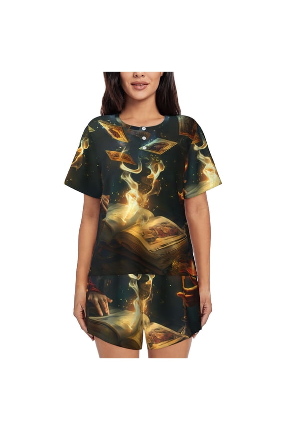 Magical Tarot Reading Print Womens Pajamas Set,Short-Sleeve Pajama 2 Piece Sleepwear with Pockets-4X-Large