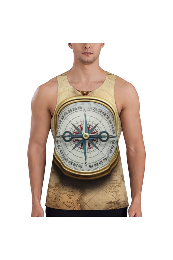 Magnetic Old Compass On World Map Print Men's Workout Tank Top,Quick Dry Workout Tank Top,Gym Muscle Tee,Fitness Bodybuilding Sleeveless T Shirt-Small