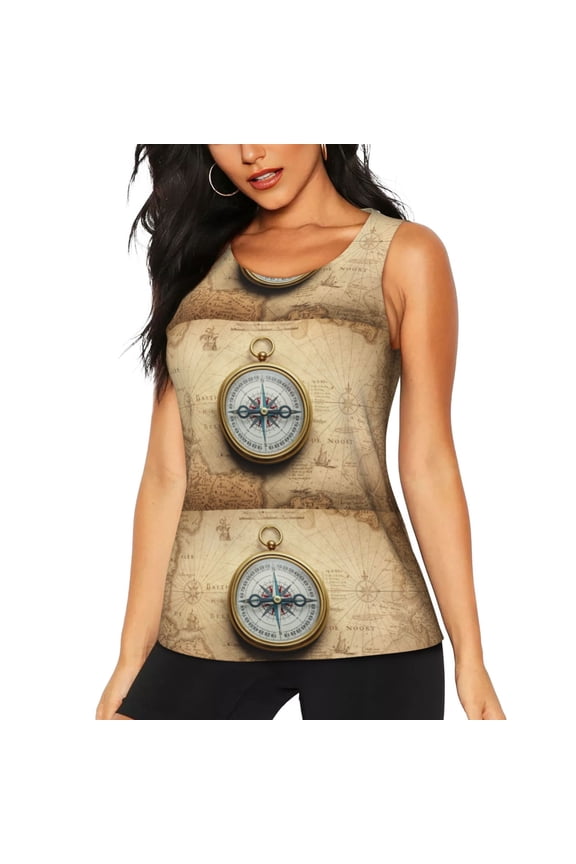 Magnetic Old Compass On World Map Print Women's Workout Tank Top, Dry Fit Summer Tank Top,Gym Yoga Workout Sports Tee,Sleeveless Athletic Shirts-X-Large