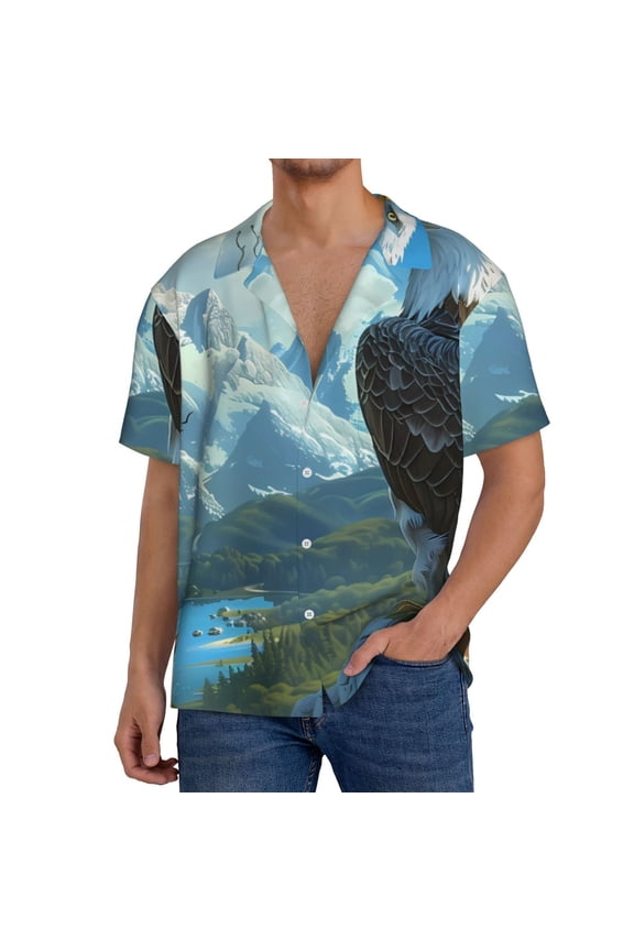 Majestic Eagle Over Castle Print Men's Button Down Shirts Short Sleeve, Summer Beach Shirts,Vacation Wedding Shirts,Men's Casual Button-Down Shirts with Pocket-Small