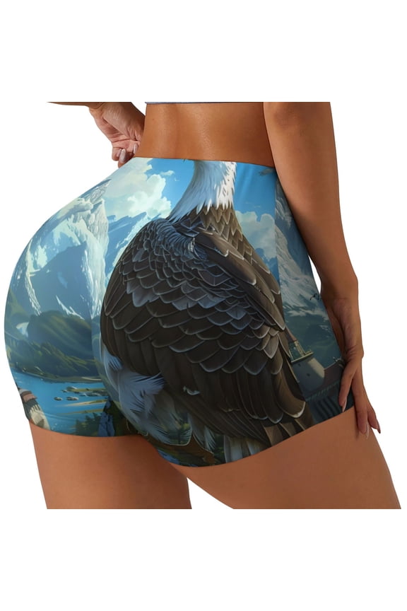 Majestic Eagle Over Castle Print Women's Biker Shorts,Workout Gym Shorts,Scrunch Shorts,Tummy Control Hidden Scrunch Running Yoga Shorts-Small