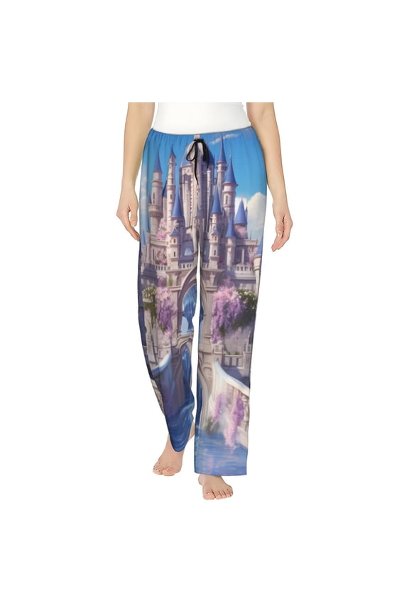 Majestic Fantasy Castle Print Women Pajama Pants,Comfy Pj Bottom with Pockets & Drawstring,Stretch Casual Sleepwear-Small