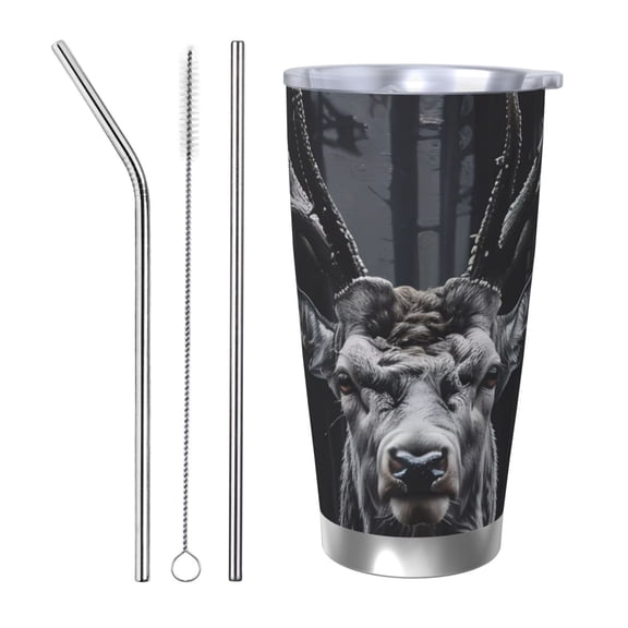 Logiee Majestic Forest Stag Print 20OZ Car Cup with Lid, Stainless Steel Vacuum Insulated Double Wall Travel Tumbler, Durable Insulated Coffee Mug,Thermal Cup with Straw-Straw Three-piece Set