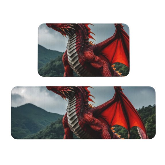 Logiee Majestic Red Dragon Print Kitchen Mats for Floor Sets of 2,Waterproof Kitchen Rugs,Non Slip Comfort Standing Mat Rug for Home,Runner,Sink,Office,Laundry