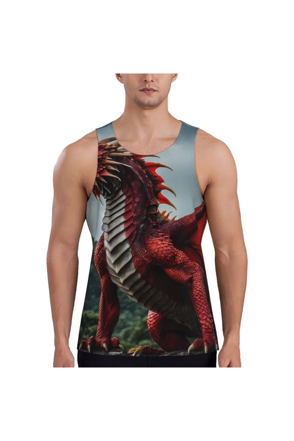 Majestic Red Dragon Print Men's Workout Tank Top,Quick Dry Workout Tank Top,Gym Muscle Tee,Fitness Bodybuilding Sleeveless T Shirt-Large