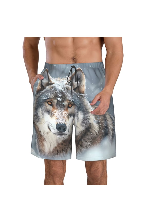 Majestic Snowy Wolf Print Mens Swim Trunks Quick Dry Board Shorts,Breathable Hawaii Beach Shorts Swimwear Bathing Suits-3X-Large