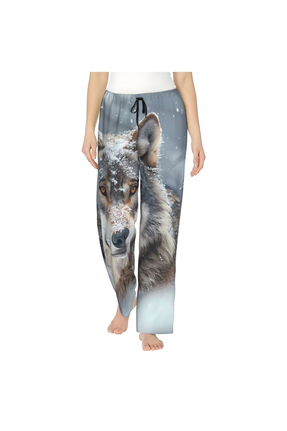 Majestic Snowy Wolf Print Women Pajama Pants,Comfy Pj Bottom with Pockets & Drawstring,Stretch Casual Sleepwear-Large