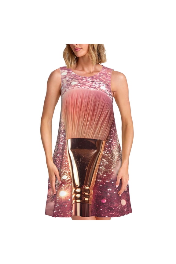 Makeup Brush on Pink Glitter Print Summer Dresses for Women,Beach Sleeveless Flowy Pocket Tshirt Tank Sundresses,Women's Sleeveless Dress