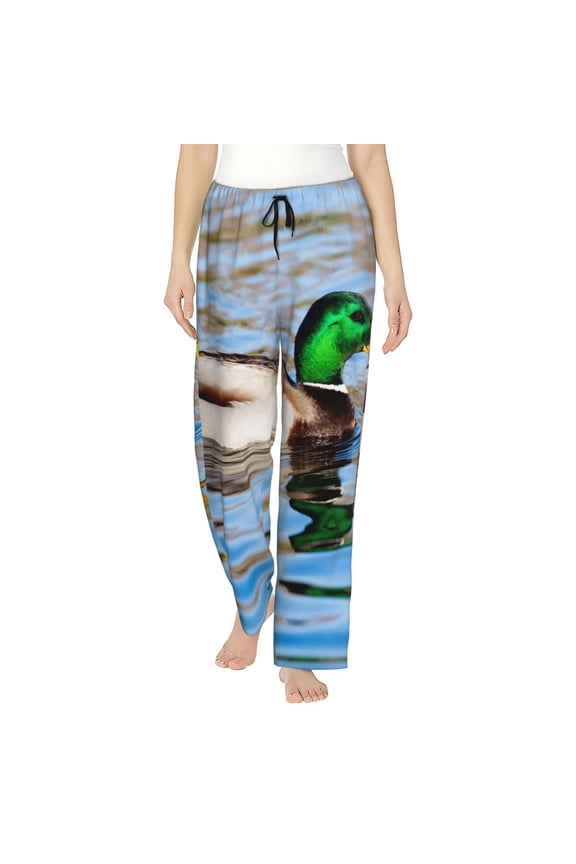 Mallard Duck Swimming In A River Print Women Pajama Pants,Comfy Pj Bottom with Pockets & Drawstring,Stretch Casual Sleepwear-Small
