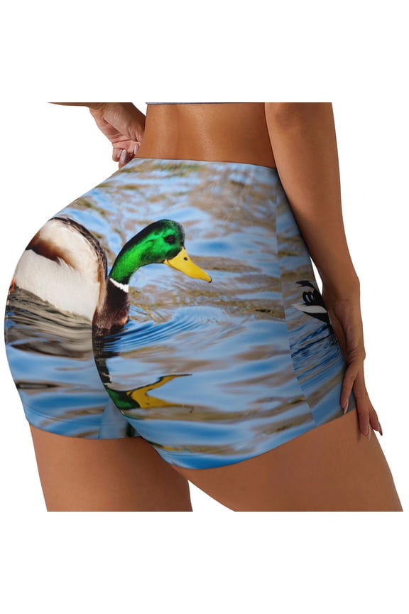 Mallard Duck Swimming In A River Print Women's Biker Shorts,Workout Gym Shorts,Scrunch Shorts,Tummy Control Hidden Scrunch Running Yoga Shorts-