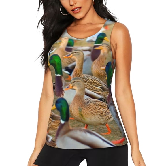 Logiee Mallard Ducks Print Women's Workout Tank Top, Dry Fit Summer Tank Top,Gym Yoga Workout Sports Tee,Sleeveless Athletic Shirts-X-Large