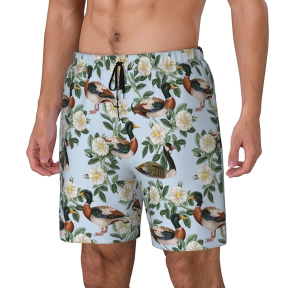 Logiee Mallard Ducks And Roses Print Men's Swim Trunk,Quick Dry Board Shorts ,Men's Swim Trunks with Compression Liner, Bathing Suits with Pockets-XX-Large