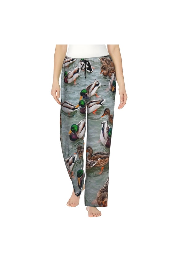 Mallard Ducks Swimming Print Women Pajama Pants,Comfy Pj Bottom with Pockets & Drawstring,Stretch Casual Sleepwear-Small