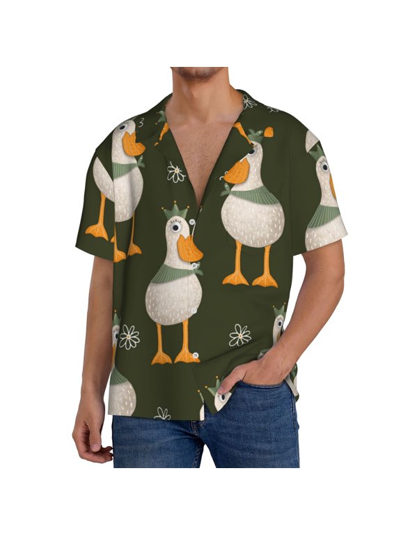 Mallard Ducks Wild Birds Print Men's Button Down Shirts Short Sleeve, Summer Beach Shirts,Vacation Wedding Shirts,Men's Casual Button-Down Shirts with Pocket-Small