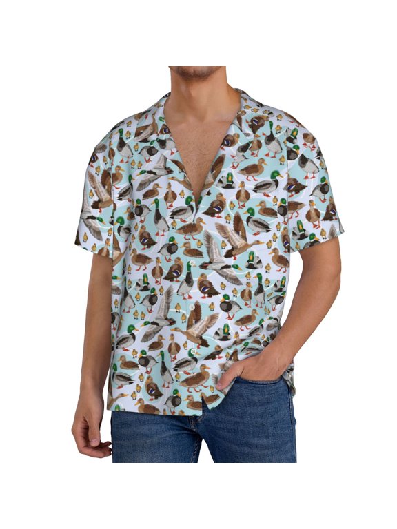 Mallard Ducks Wild Birds1 Print Men's Button Down Shirts Short Sleeve, Summer Beach Shirts,Vacation Wedding Shirts,Men's Casual Button-Down Shirts with Pocket-Large