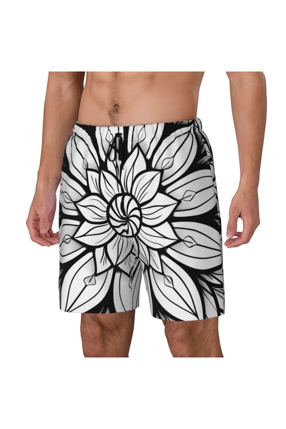Mandala Floral Line Art Print Men's Swim Trunk,Quick Dry Board Shorts ,Men's Swim Trunks with Compression Liner, Bathing Suits with Pockets-Large