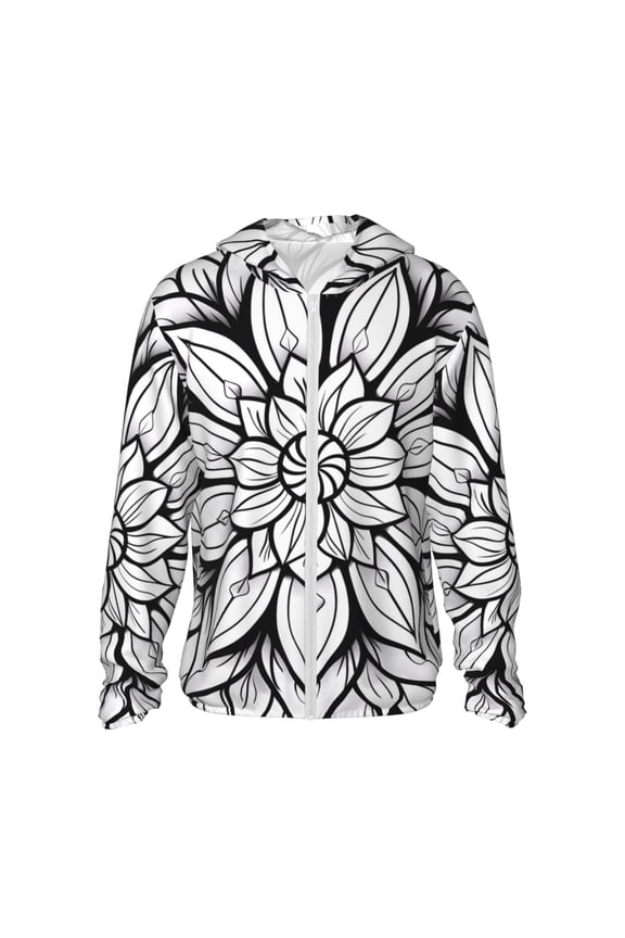 Mandala Floral Line Art Print Men's Women Light Jacket Full Zip Sun Protection Hoodie Long Sleeve Sun Shirts for Men Hiking Fishing Zip Pockets-Large