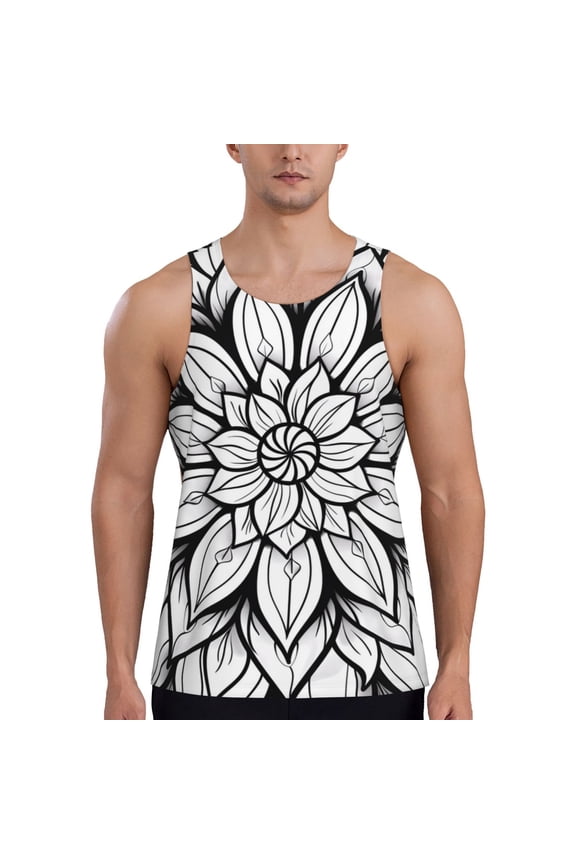 Mandala Floral Line Art Print Men's Workout Tank Top,Quick Dry Workout Tank Top,Gym Muscle Tee,Fitness Bodybuilding Sleeveless T Shirt-Medium