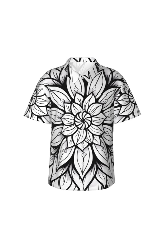 Mandala Floral Line Art Print Mens Hawaiian Shirts,Loose-Fit Short Sleeve Button Down Tropical Aloha Beach Shirt,Summer Vacation Wedding Tops,Medium