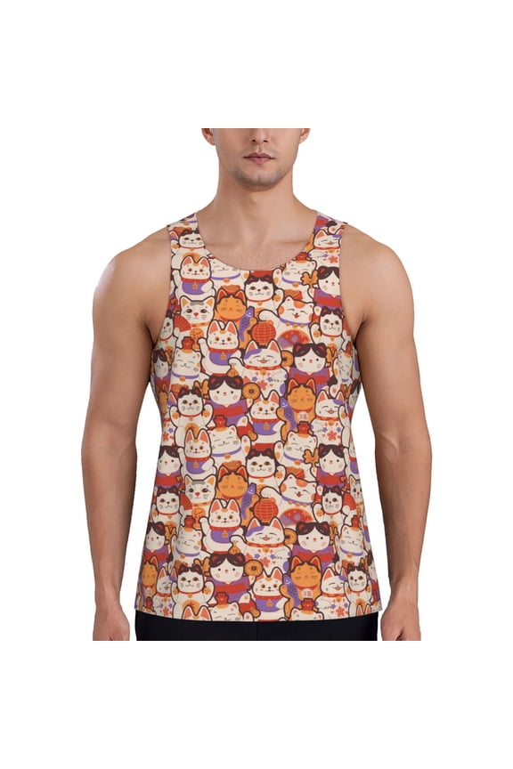 Maneki-Neko Cats Print Men's Workout Tank Top,Quick Dry Workout Tank Top,Gym Muscle Tee,Fitness Bodybuilding Sleeveless T Shirt-Large